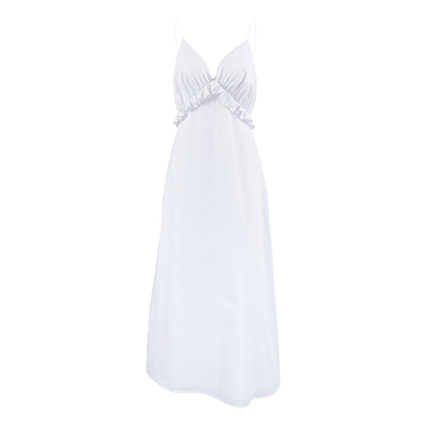 Sexy White Cotton Linen V-neck Flounce Loose Sling Dress