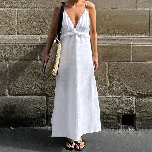 Sexy White Cotton Linen V-neck Flounce Loose Sling Dress