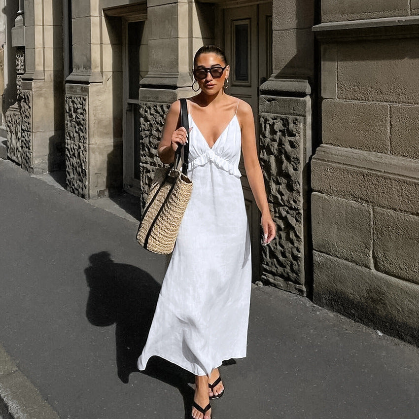 Sexy White Cotton Linen V-neck Flounce Loose Sling Dress